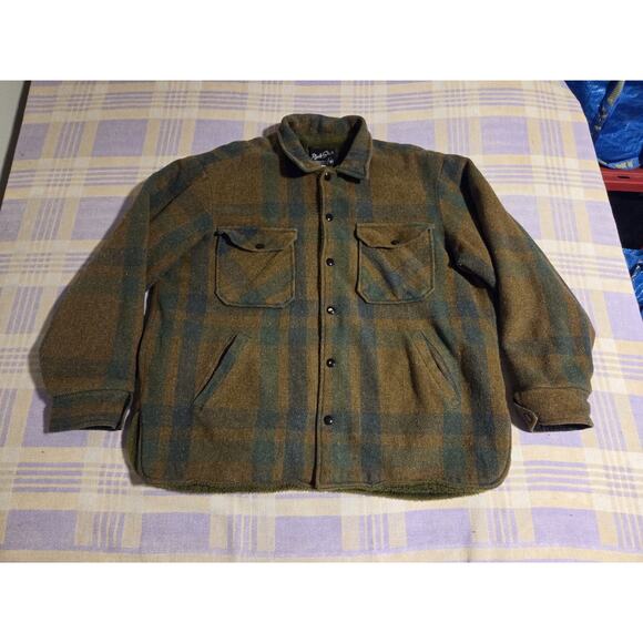 Vintage Rich Sher Mens 48 Wool Plaid Sherpa Coat Green Jacket Hunting 60s 70s - Picture 1 of 10